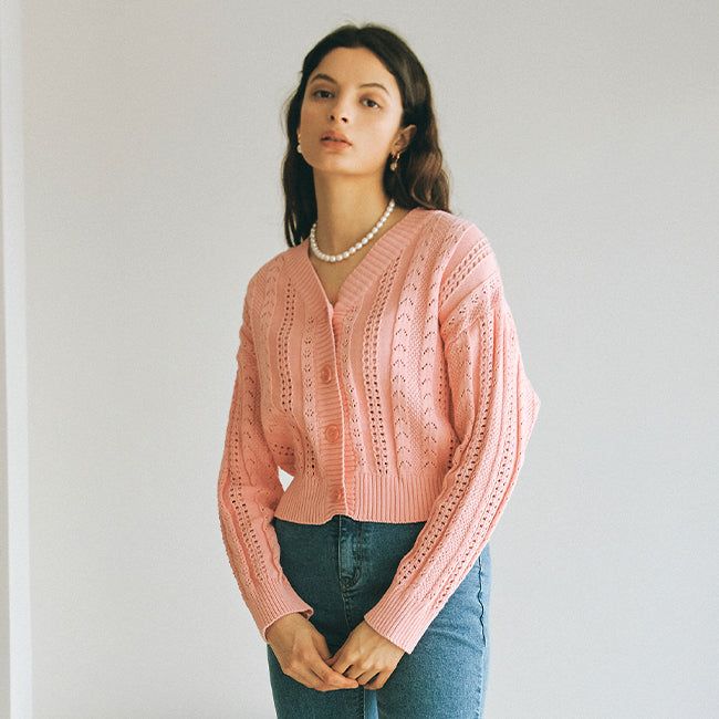 EYEYE（アイアイ）の「EYELET PUNCHING KNIT CARDIGAN_PINK (EEOO1CDR01W)（）」