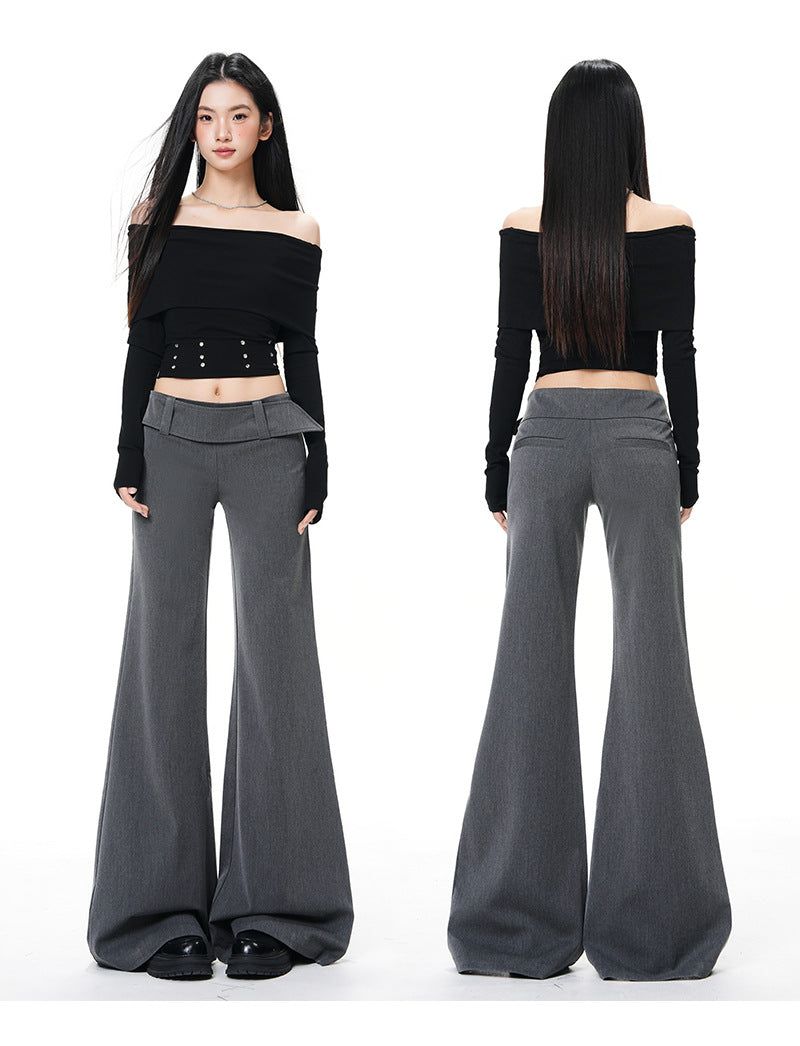 French Low-Waist Micro Flare Slacks – Tailored Slim Wide Casual Pants