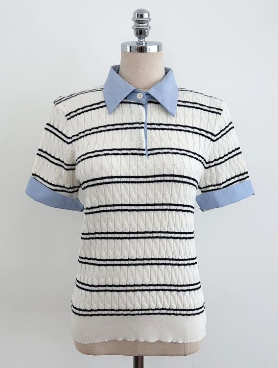 Monta Color Matching Collar Stripe Cable Knit