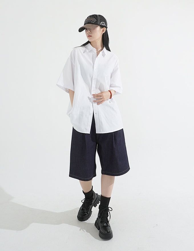 Pintuck Wide Raw Denim Bermuda Pants