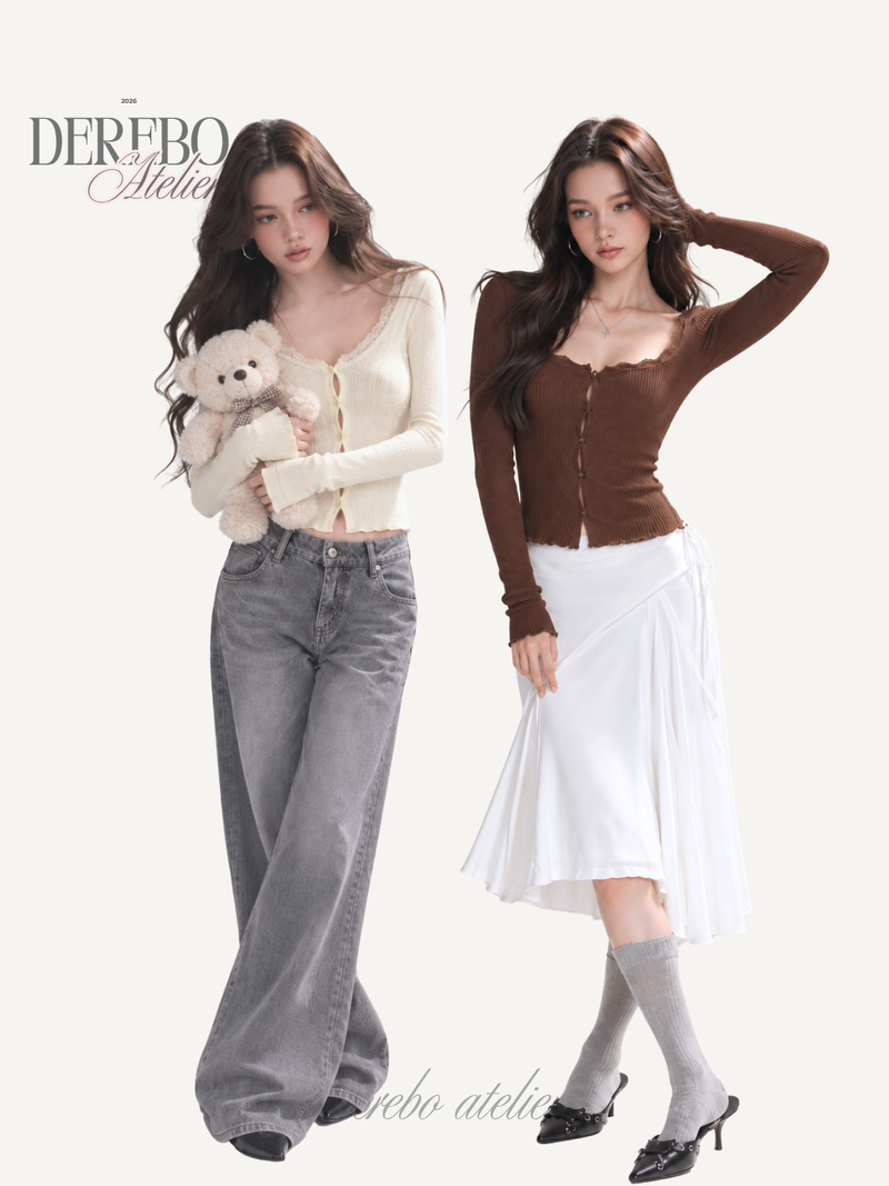 Jacquard square-neck knit long-sleeve cardigan