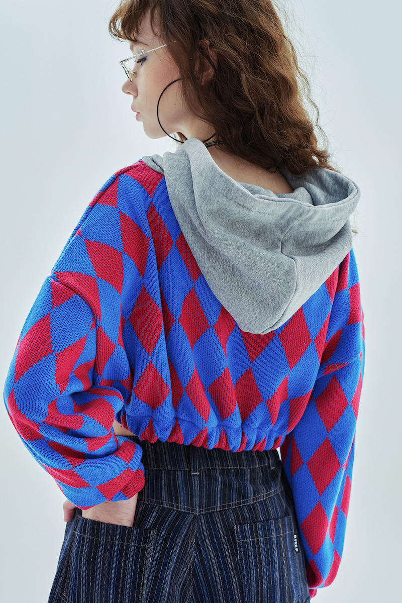 big logo argyle crop hood_pink&blue