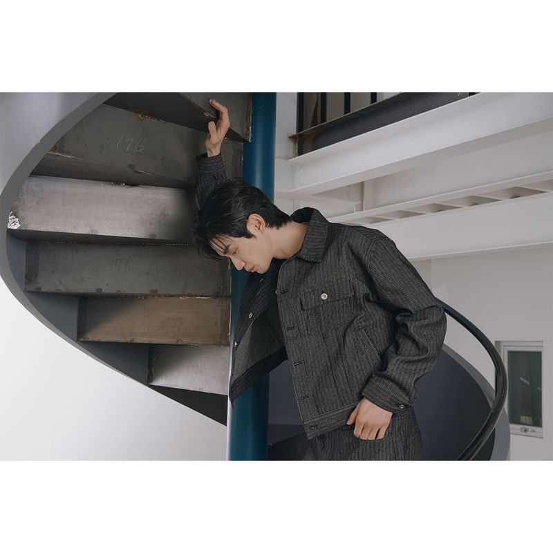 Stripe corduroy trucker denim jacket(Black)