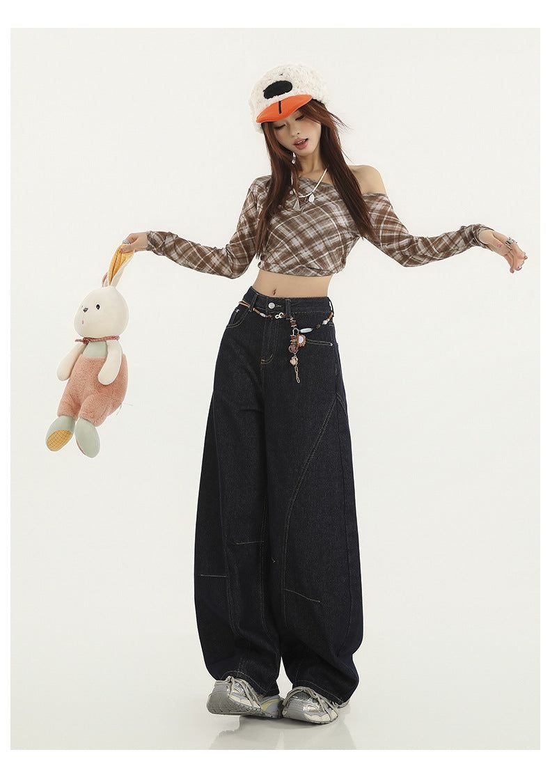 Navy-cut High-waist Mixed Denim Pants