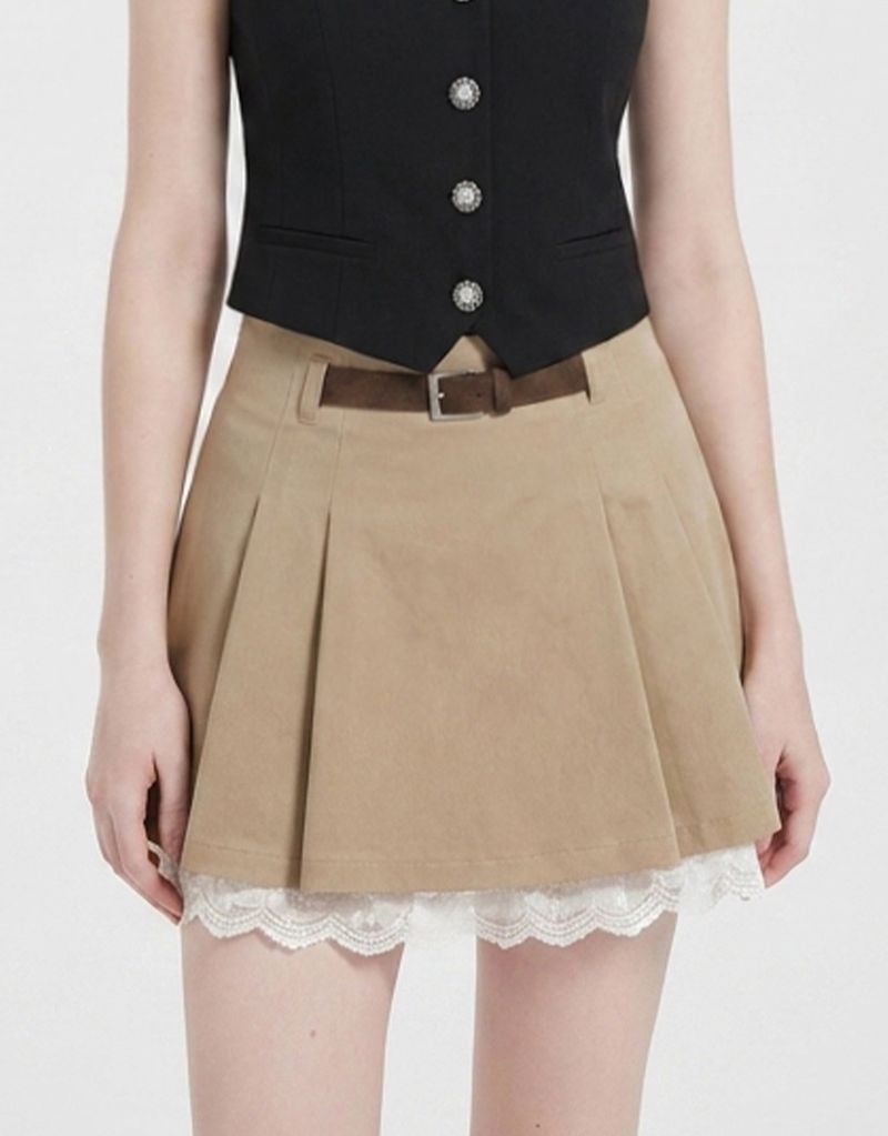 TWEEDY-A（ツウィーディア）の「[PRE- FALL] レア レース レイヤード プリーツ ミニスカート ベージュ（スカート）」