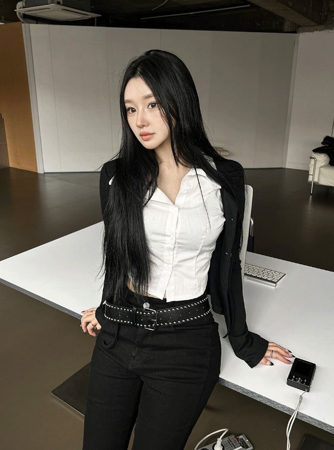 Crop Shirt Layered Cardigan SET