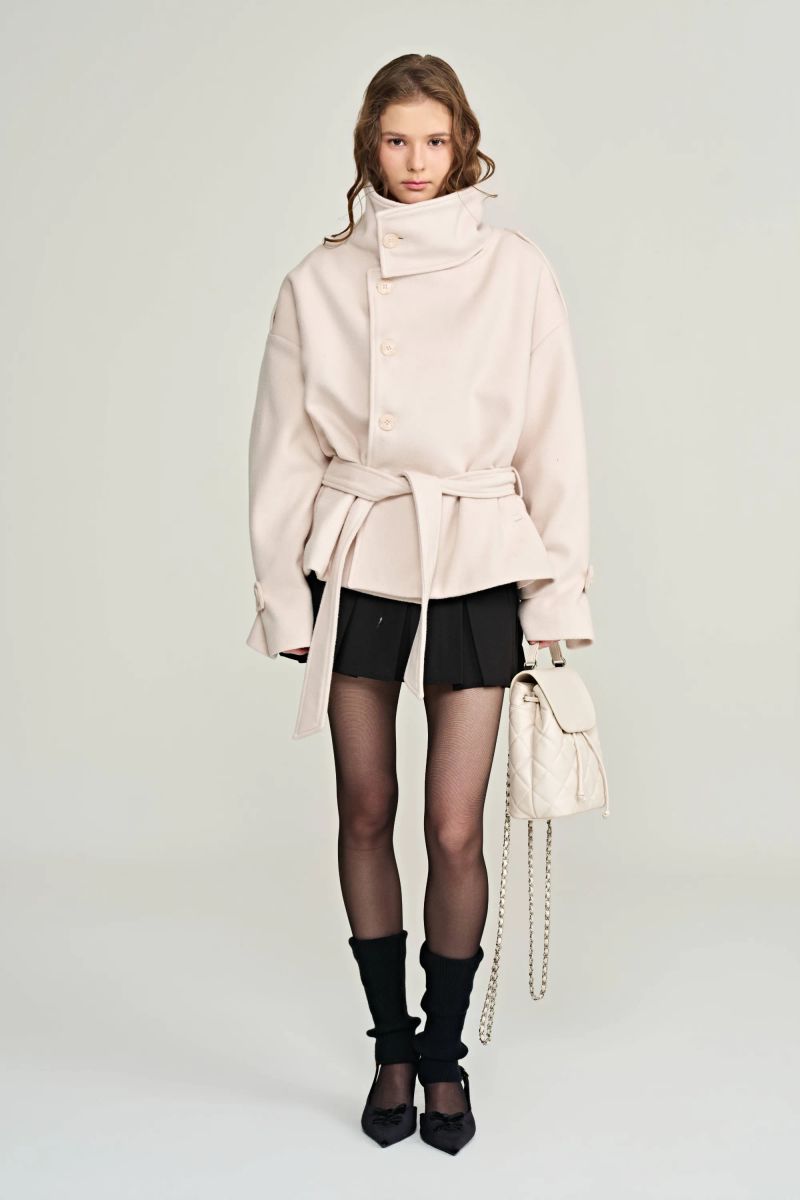 Cream rose high-neck wool coat, Baby Pink