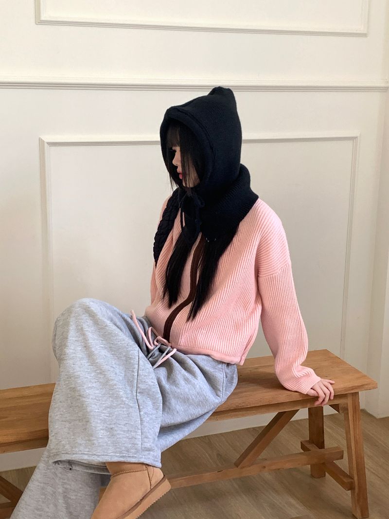 LB wool color combination ribbed string knit zip-up