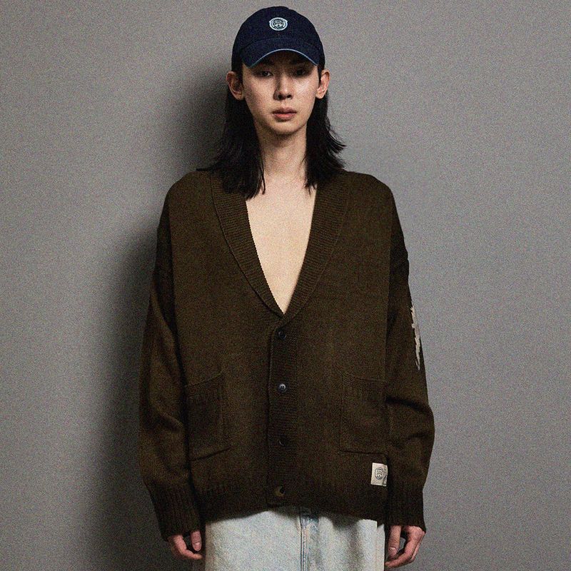 FFEFFSTUDIO（フェフスタジオ）の「Vintage washed F logo shawl collar cardigan (Khaki)（）」