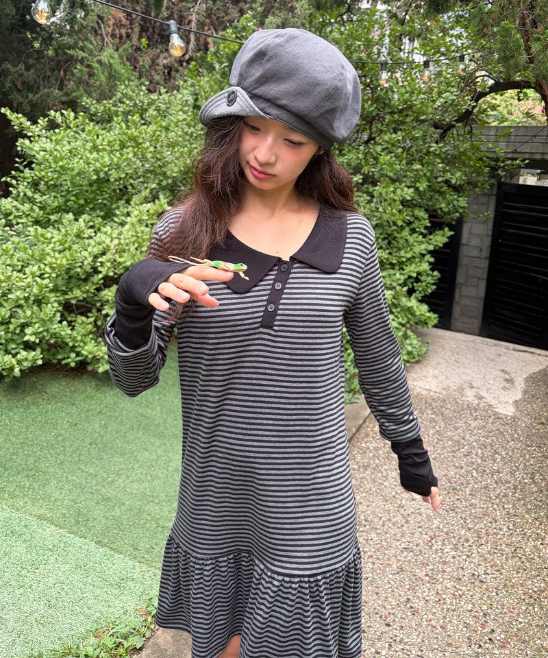 STRIPE ASYMMETRY COLLAR ONE PIECE - BLACK