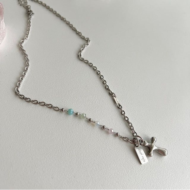 pit Pastel beads cross unique bold layered necklace