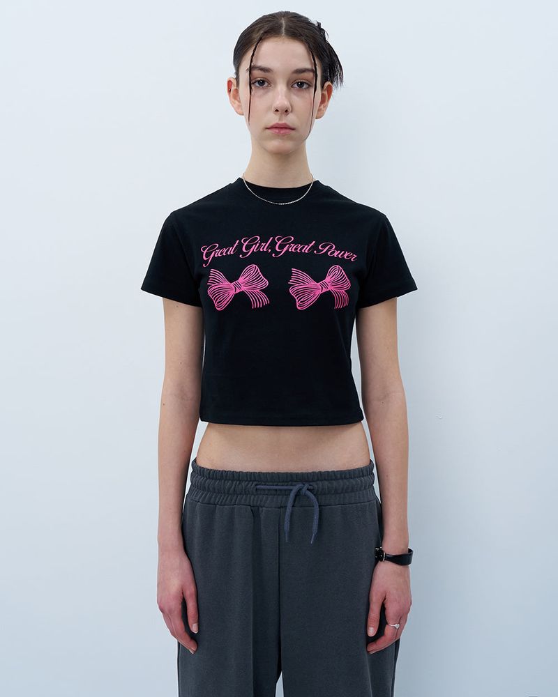 TWIN RIBBON CROP TSHIRT-BLACK