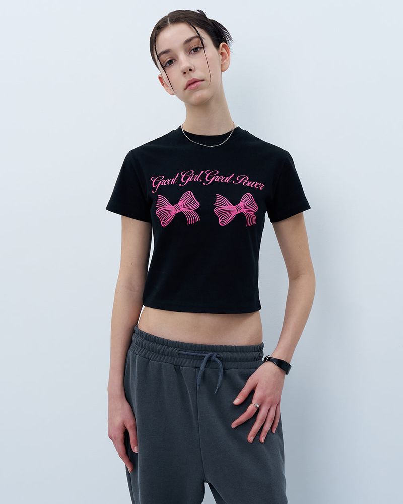 TWIN RIBBON CROP TSHIRT-BLACK