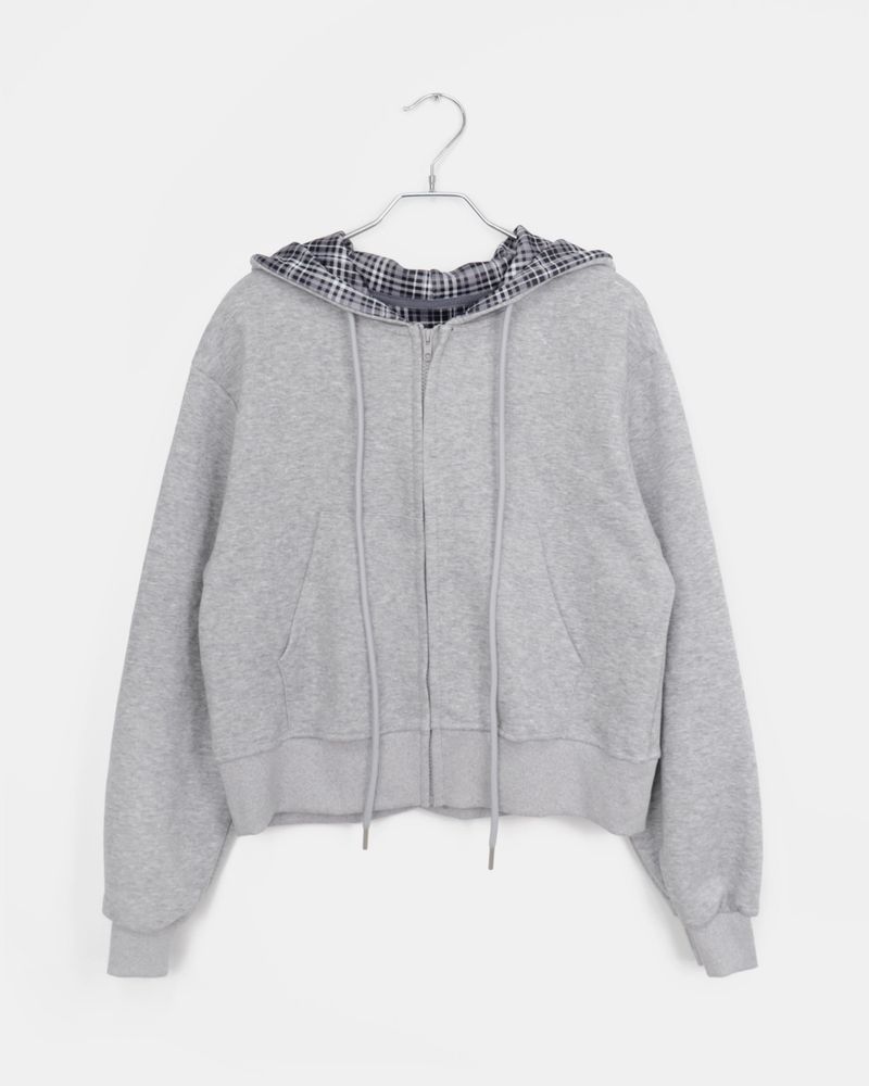 Mchi Check Color-Block Long Sleeve Hoodie Zip-Up