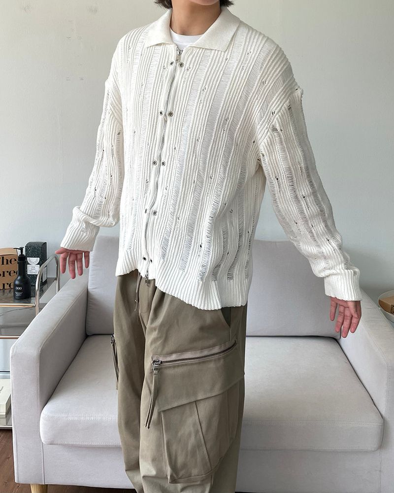 Eyelet Zip-up Knit Cardigan