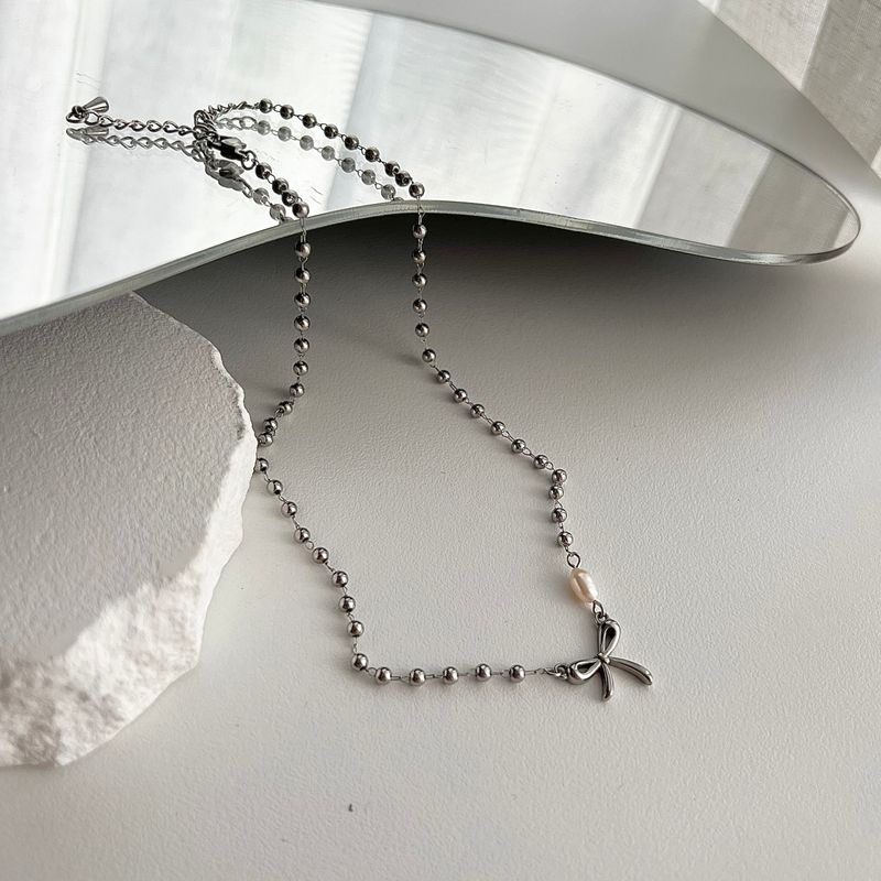 ari Ballet Core Ribbon Serious Steel Freshwater Pearl Short Choker Ball Layered Necklace (choose from 2)