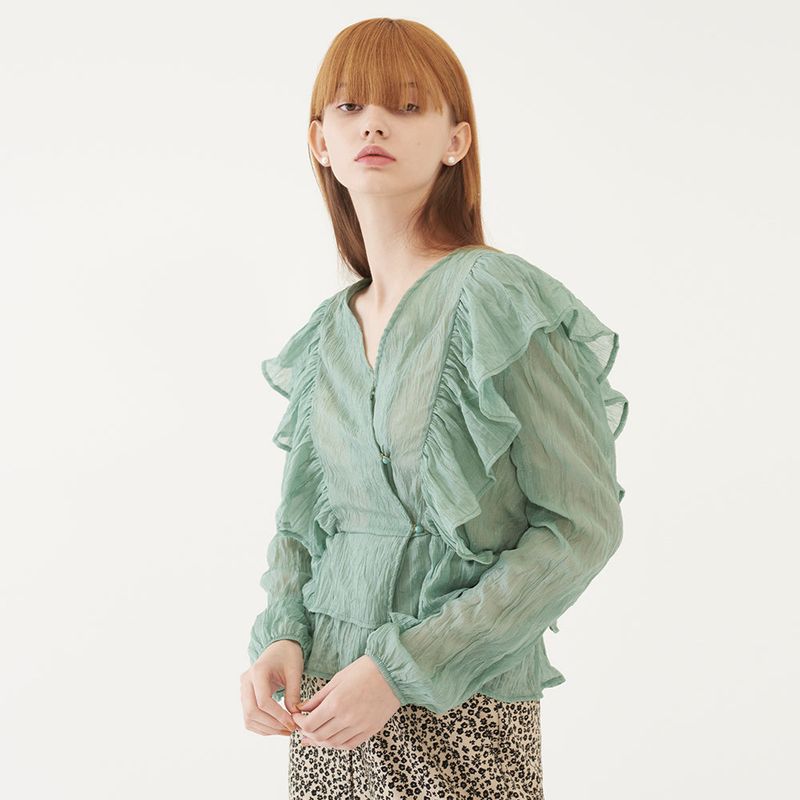 TMO BY 13MONTH(ティーエムオーバイサーティーンマンス)の「RUFFLED BLOUSE (MINT)(Tops)」