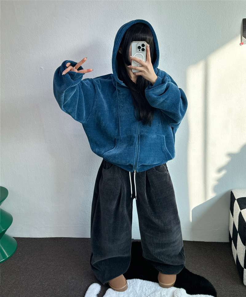 RIBBON PATTERN VELVET HOOD ZIP-UP💚💙🖤 - 3 COLORS