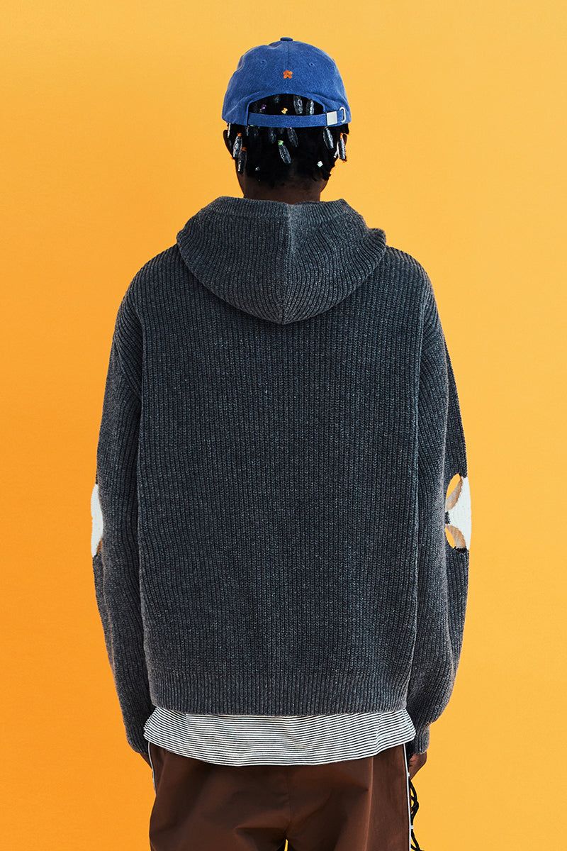HOLE ARGYLE KNIT HOODIE / CHARCOAL