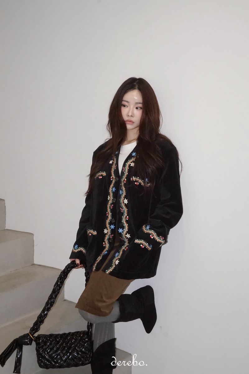 French velvet embroidered no collar jacket
