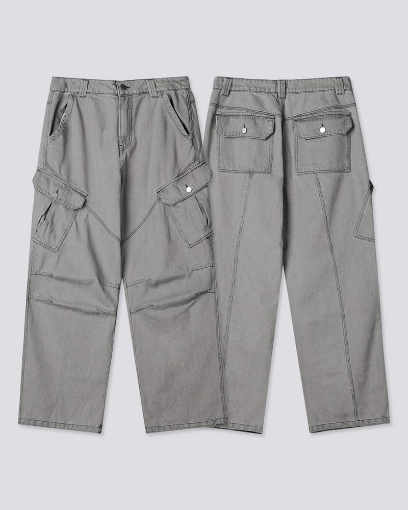 Bion Gray Wash Cargo Denim Pants