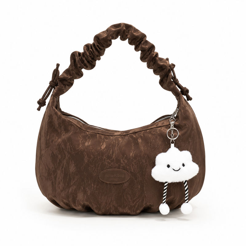 Cloud doll key ring bag denim washed leather wave pattern wrinkle strap zipper shoulder bag