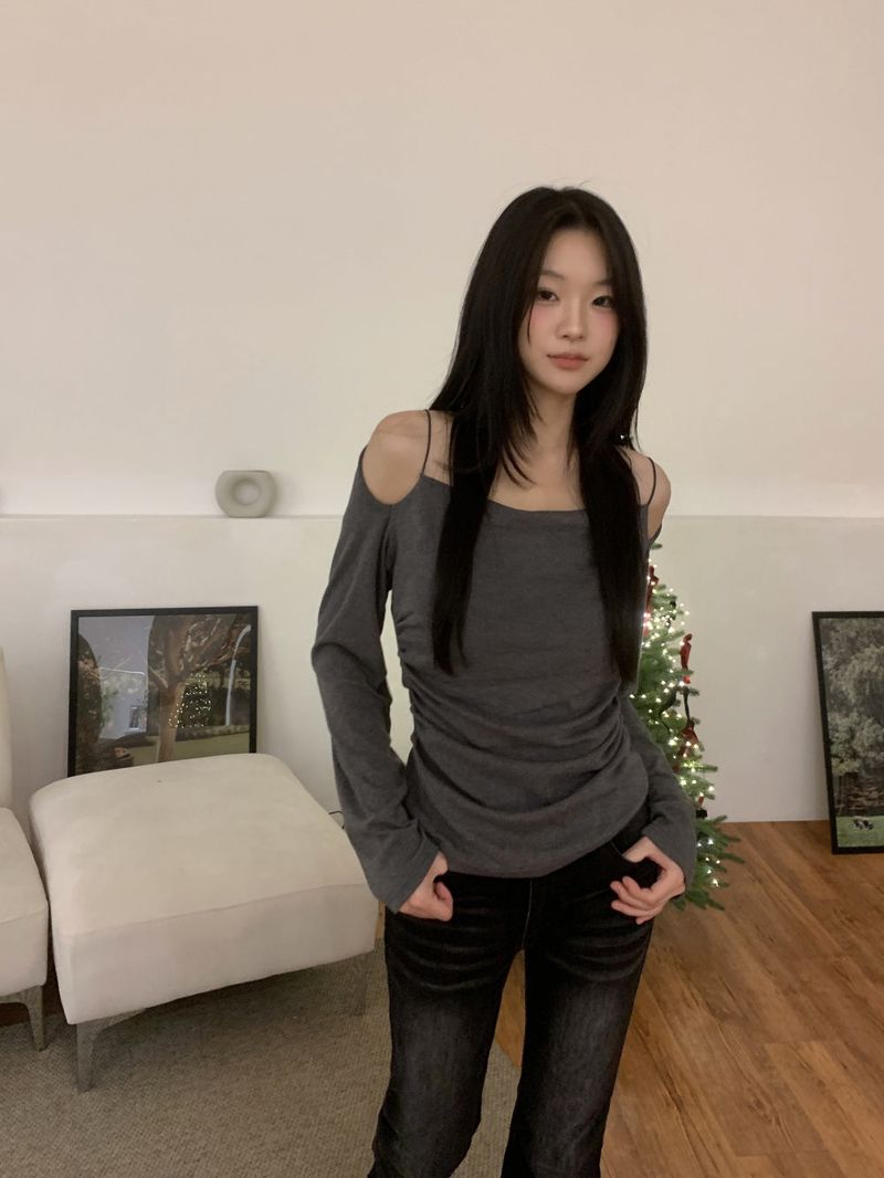 Jenn Muse Off-Shoulder Strap Drape Long Sleeve Top