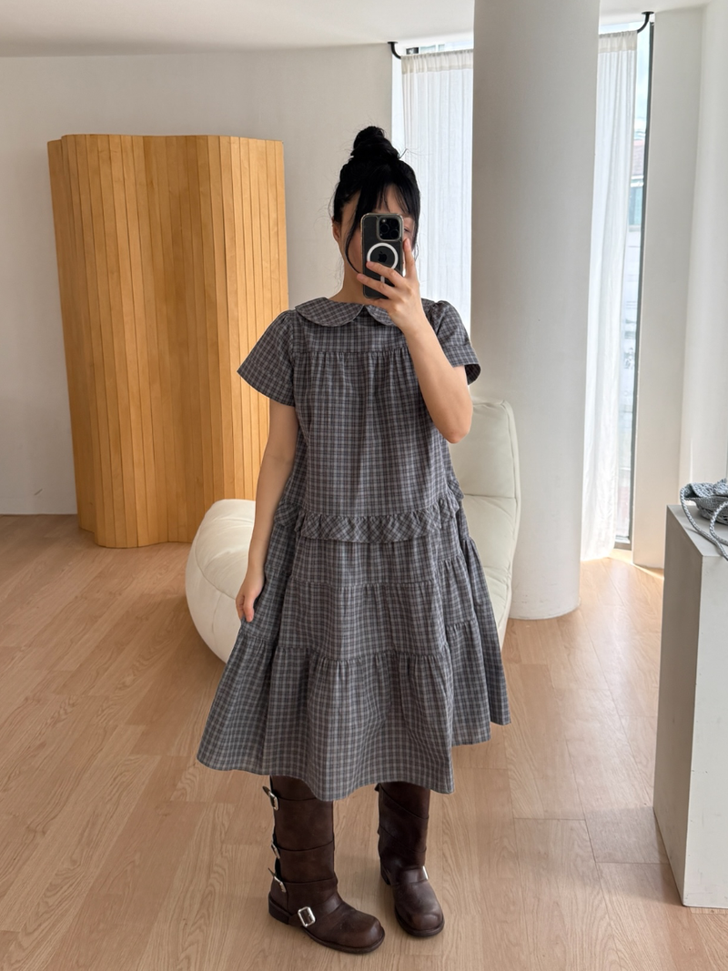 round collar check midi dress 