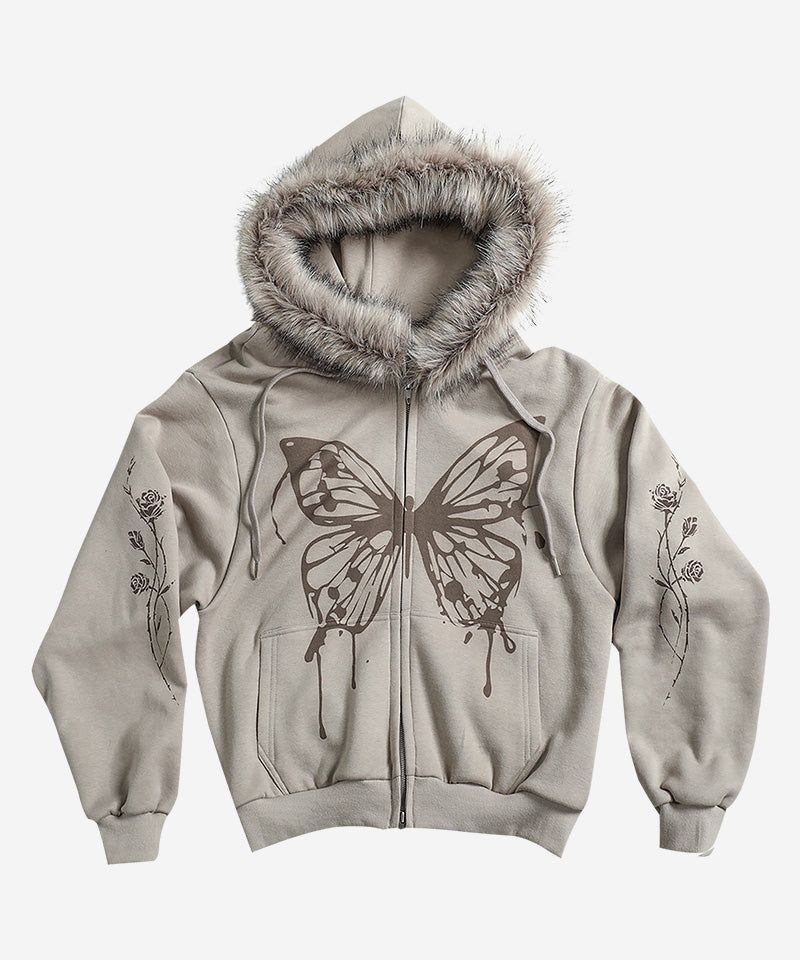 BUTTERFLY SPLATTER ZIP-UP #BEIGE(FLEECE LINED)