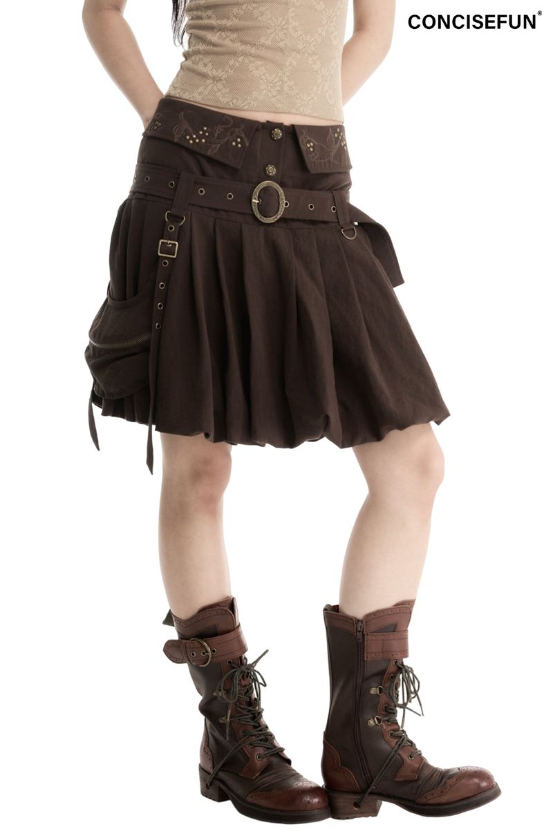 CONFUN（コンファン）の「CONFUN original wrap-around top heavy-duty rivet embroidered mid-low waist workwear flower-pattern half-length skirt（Skirts）」