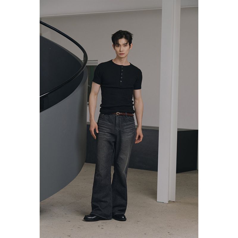 High ribbed henry neck half sleeves(Black)