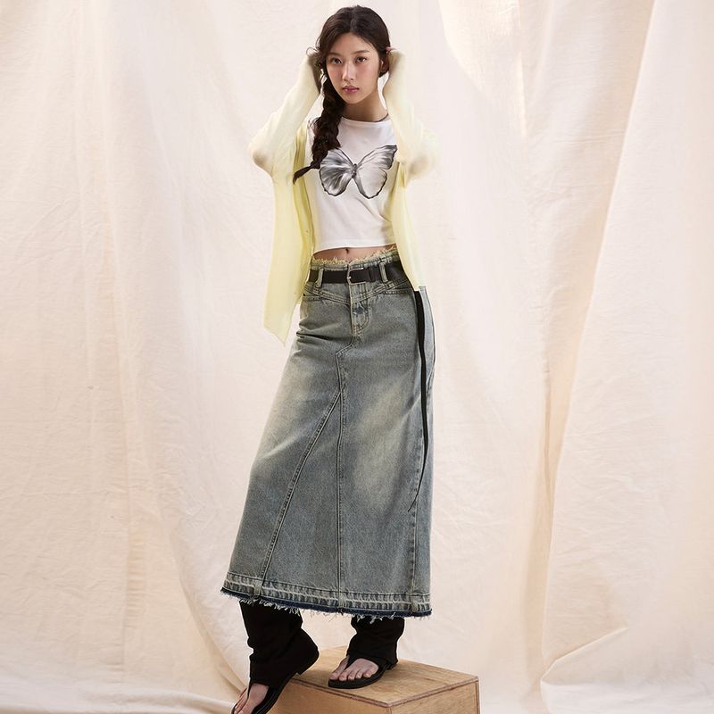 NICK&NICOLE(ニック&ニコール)の「WASHED FRINGE LONG DENIM SKIRT_BLUE(Skirts)」