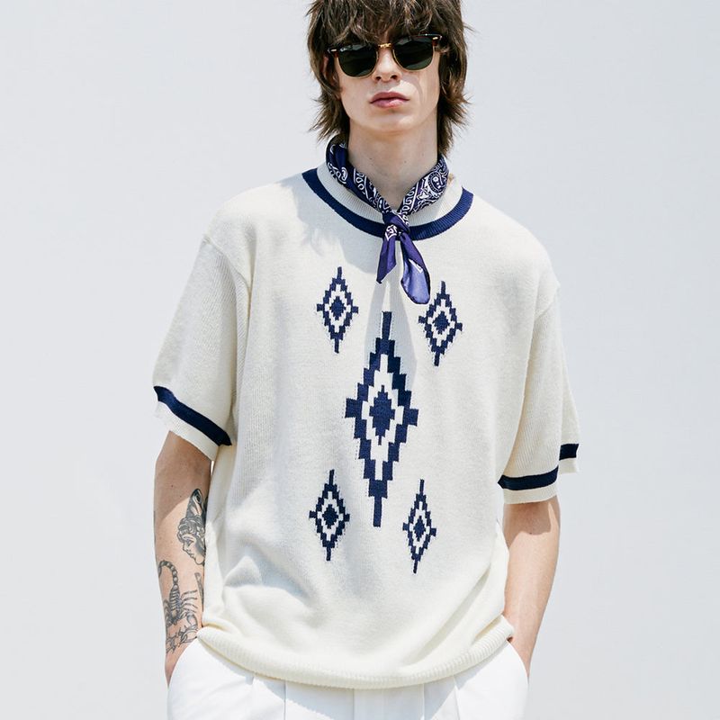 NAVAJO PATTERN RINGER HALF KNIT CREAM