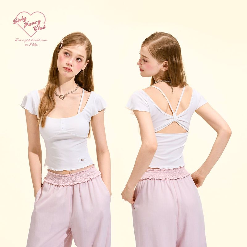 Girly Fancy Club（ガーリーファンシークラブ）の「[GirlyFancyClub] ライセル ニットフラッタースリーブ バックレスTシャツ（トップス）」