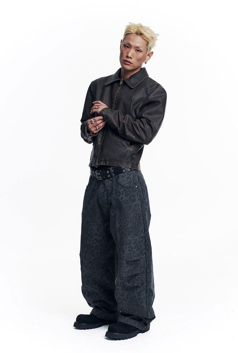 Curved Leopard Pants - Charcoal
