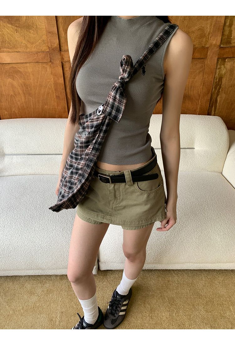 khaki cotton mini pants skirt