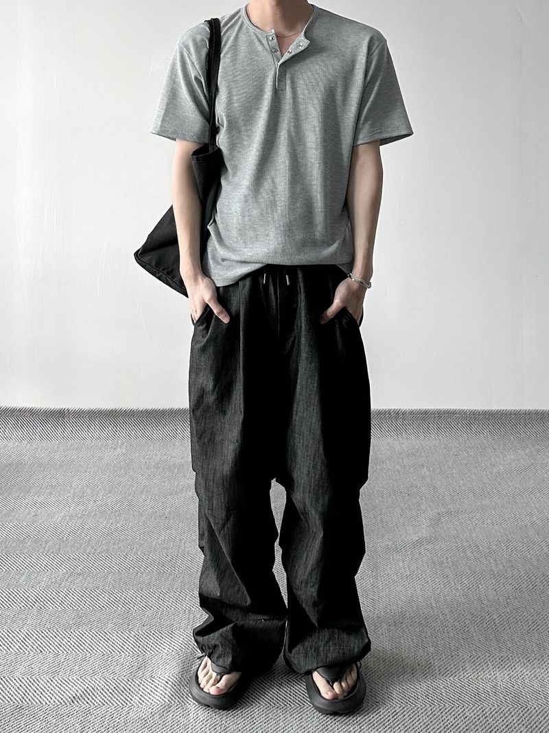ワッフルヘンリーネックハーフTシャツ
