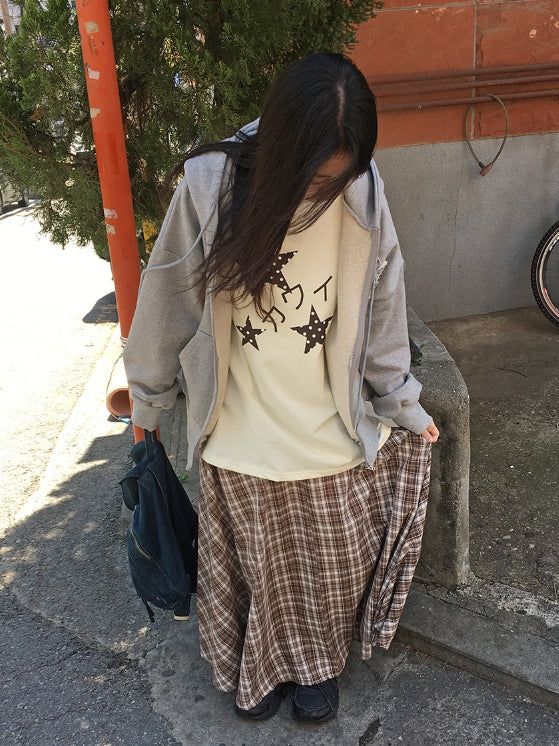 Hari Check Unbalanced Slit Long Skirt