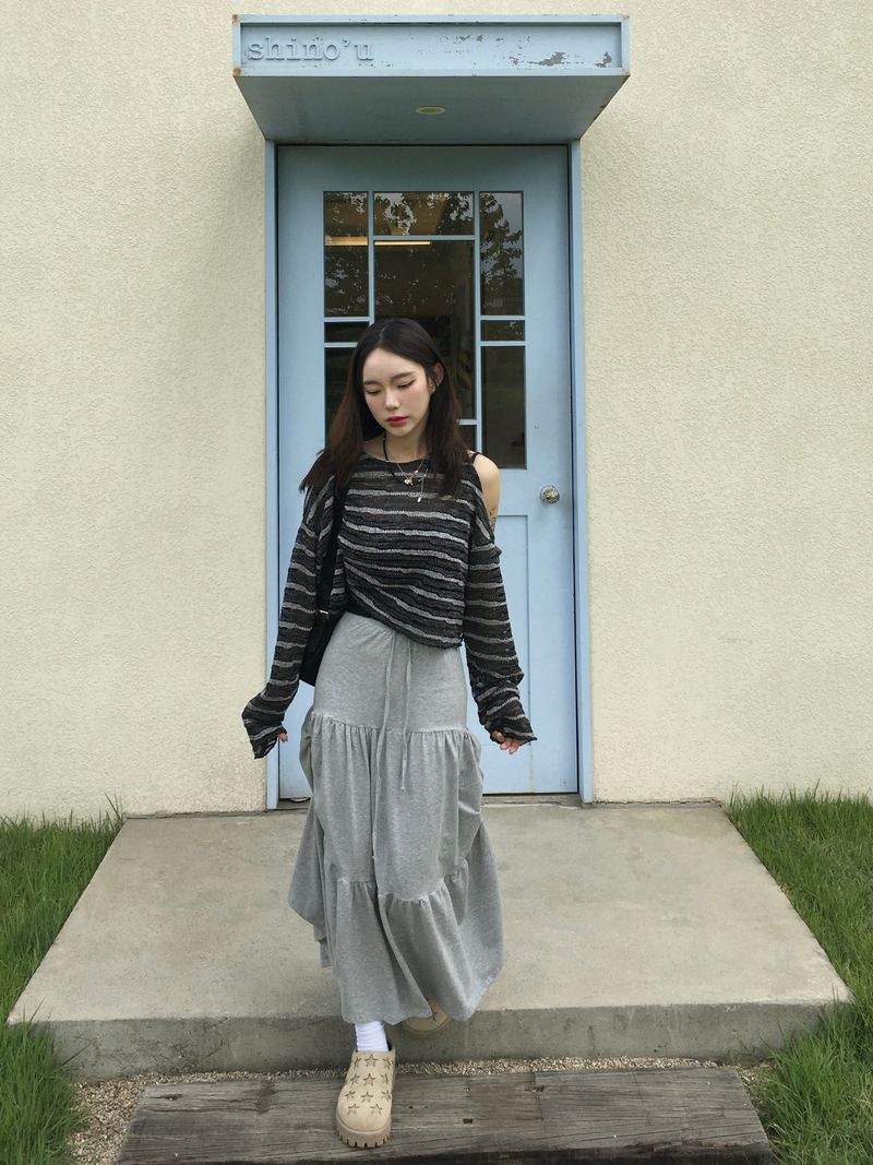 Shuming Unbal Shirring Banding Long Skirt (2c)  