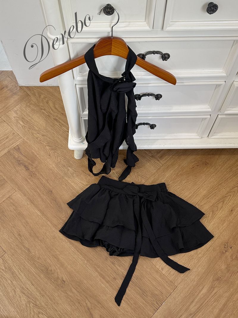 black rose frill halter neck skirt two-piece