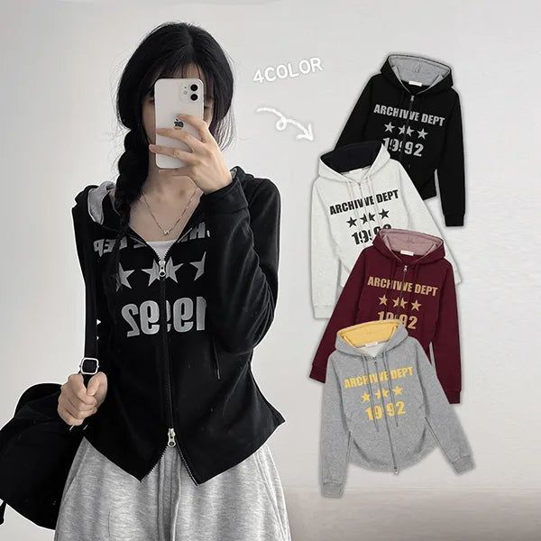 hijjoo（ハイチュー）の「Waist shirring slim fit! Chive Two-Way Hoodie Zip-Up (4 colors)（Tops）」