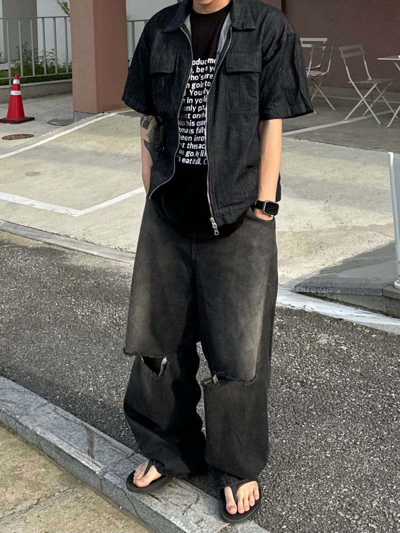 Two way denim short sleeve zip-up jacket 2C