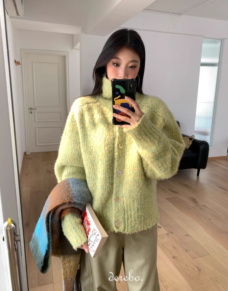 Tender Green Turtleneck Knit Cardigan