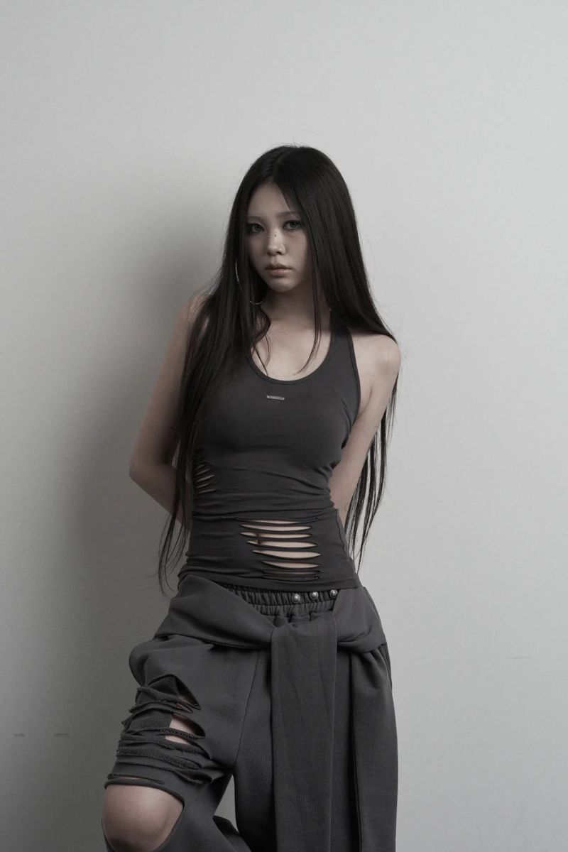 [label] layered tie damage wide pants (charcoal)