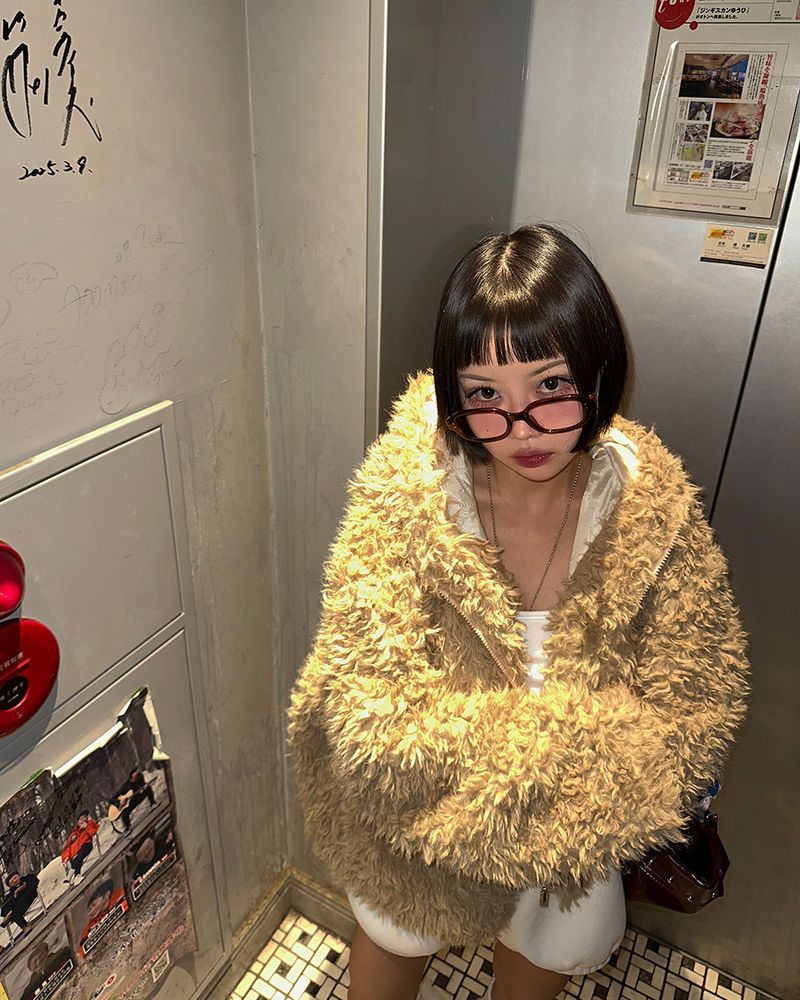 Rabbit ear hood zip-up soft fur jacket