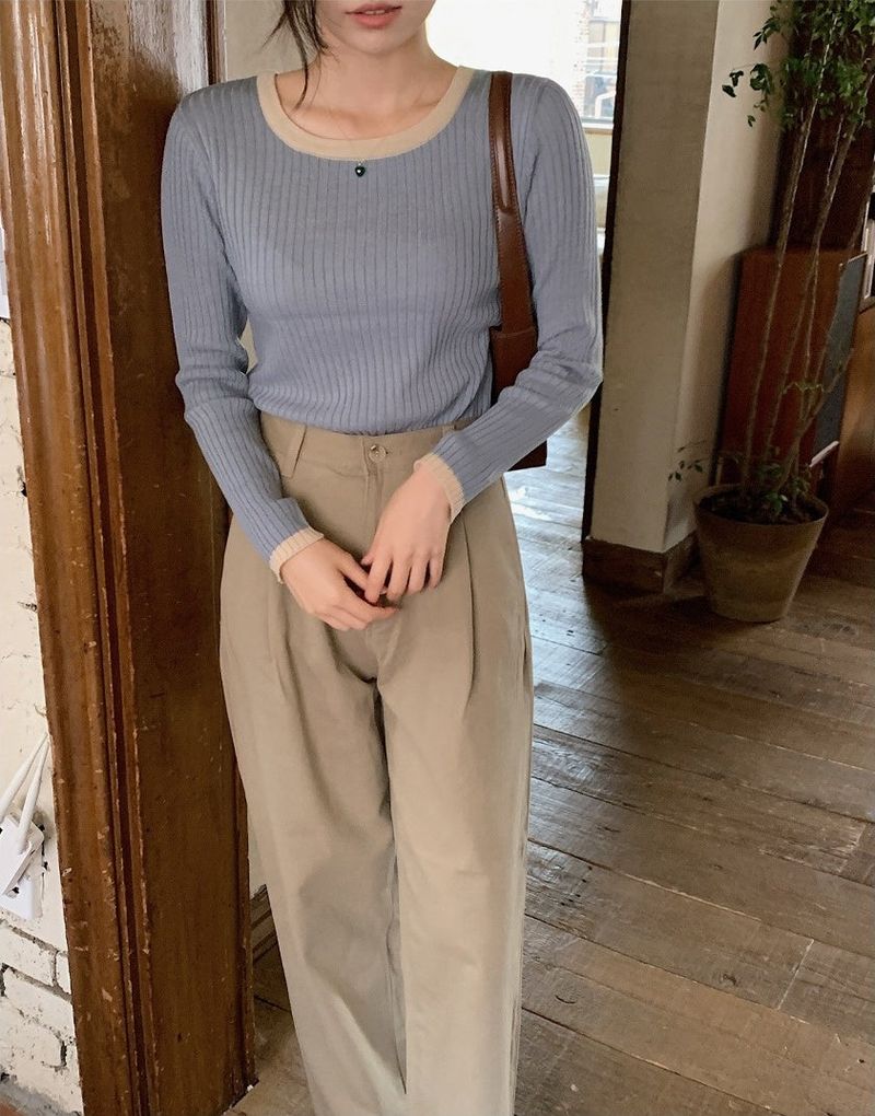 Slim Two Tone U-neck Rib Knit (6color)