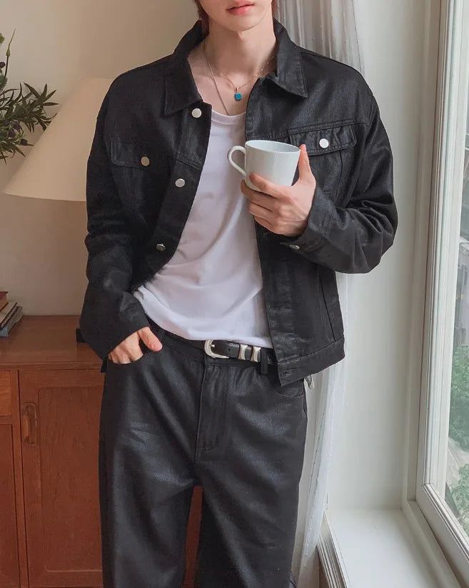 Kanto Coated Black Denim Trucker Jacket