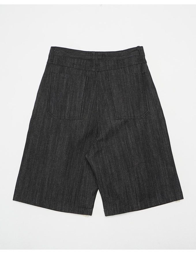 Pintuck Wide Raw Denim Bermuda Pants