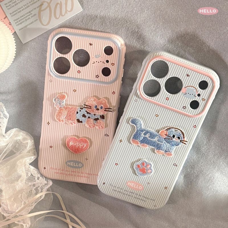 Embroidered Blue Pink Cat Soft iPhone Case