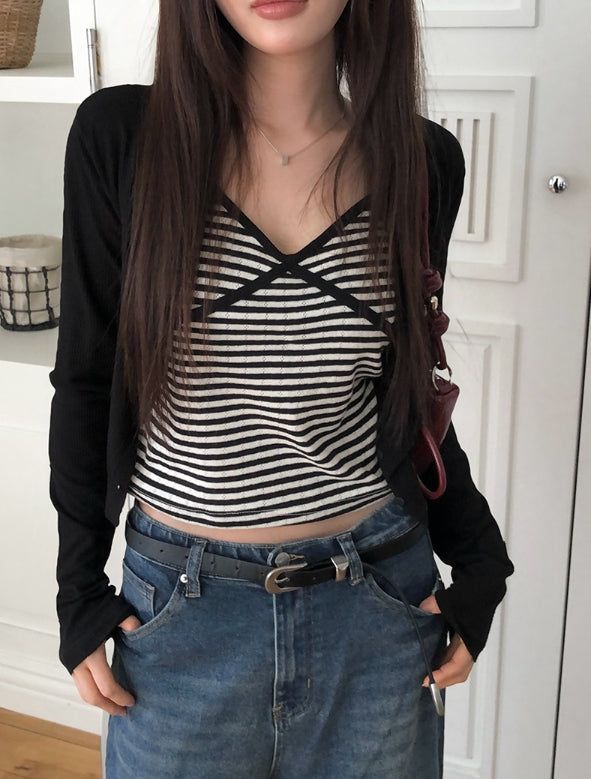 Cotter Punching Stripe Sleeveless Cardigan Set